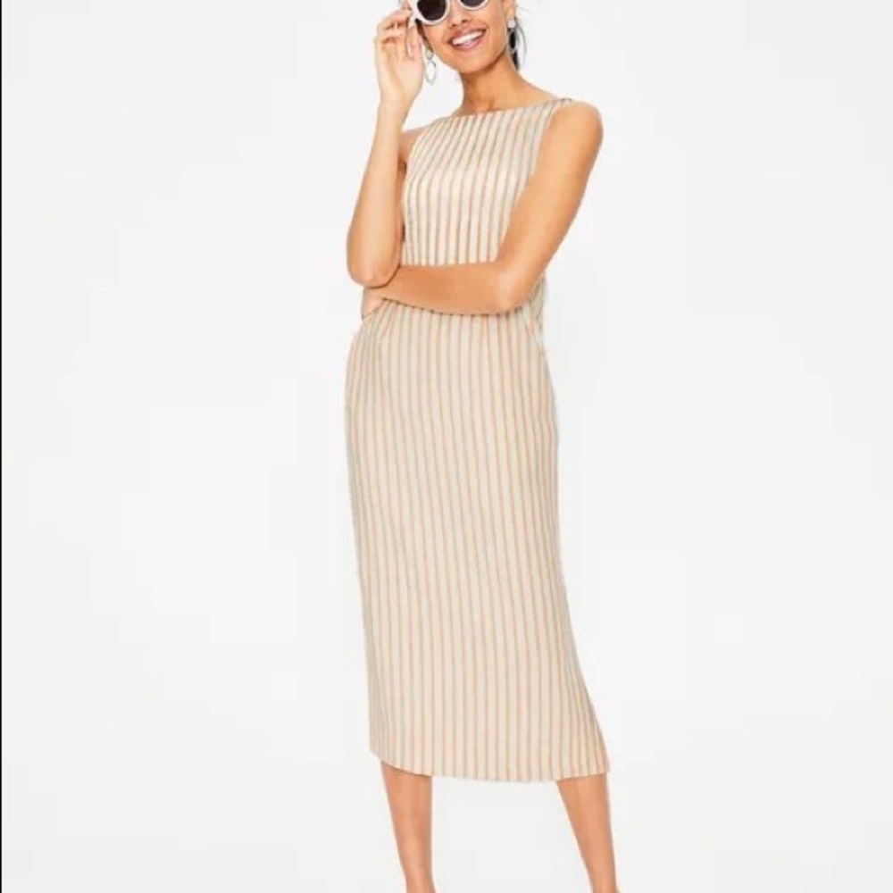 Boden Beige and White Striped Sleeveless Midi Dress
